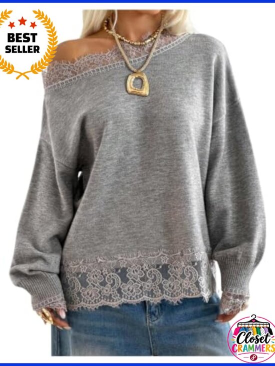 Other - Lace Off Shoulder Sweater Long Sleeve Knit Top Loose Fit